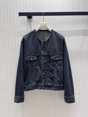 Distressed-Finish Crew-Neck Denim Jacket