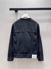 Distressed-Finish Crew-Neck Denim Jacket
