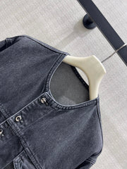 Distressed-Finish Crew-Neck Denim Jacket