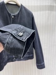 Distressed-Finish Crew-Neck Denim Jacket