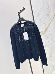 Rhinestone-Letter Knit Sweater with Crew Neck