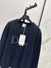 Rhinestone-Letter Knit Sweater with Crew Neck