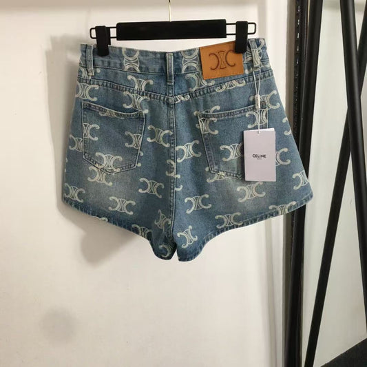 Printed denim shorts