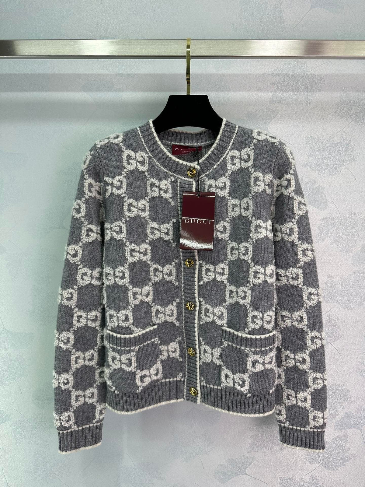 Gray and white jacquard crew neck knit cardigan