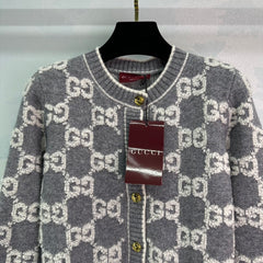 Gray and white jacquard crew neck knit cardigan