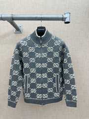 All-over jacquard knit zip-up cardigan