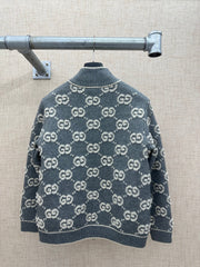 All-over jacquard knit zip-up cardigan