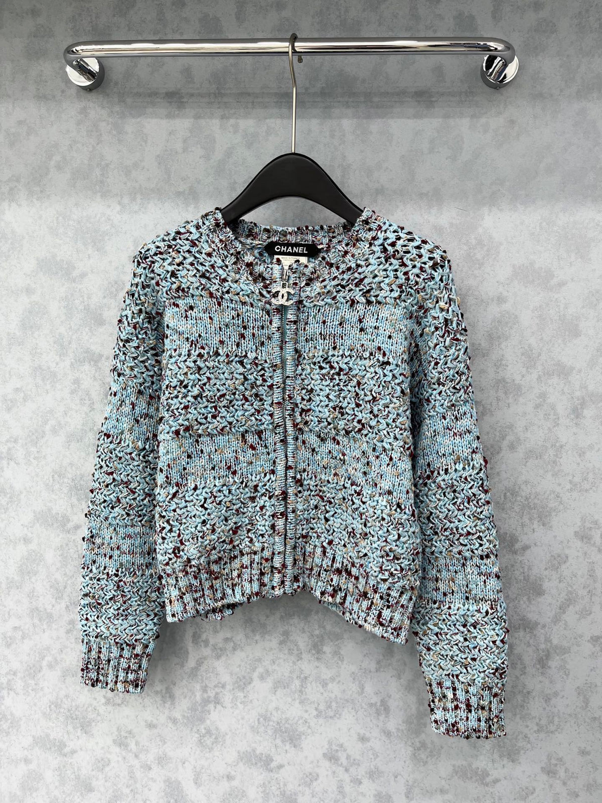 Crew neck crocheted patchwork jacket
