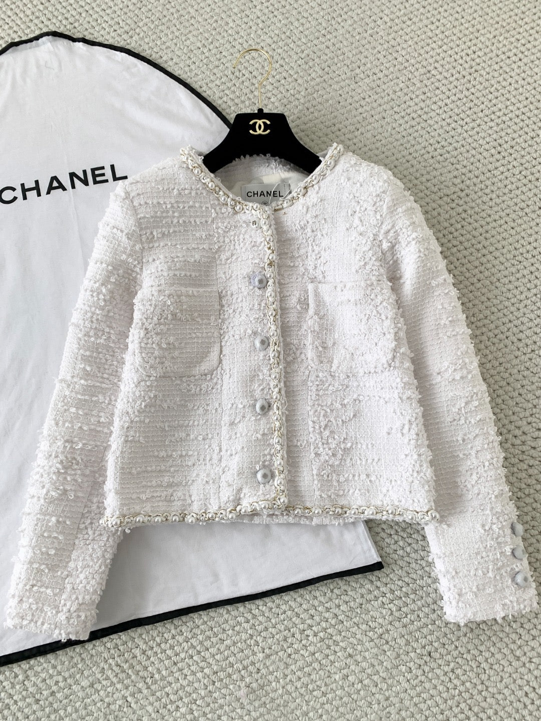 New Tweed Round Neck Pearl Coat