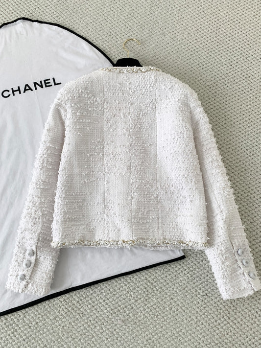 New Tweed Round Neck Pearl Coat