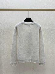 Heavy-duty beaded and sequined V-neck knit long-sleeved top