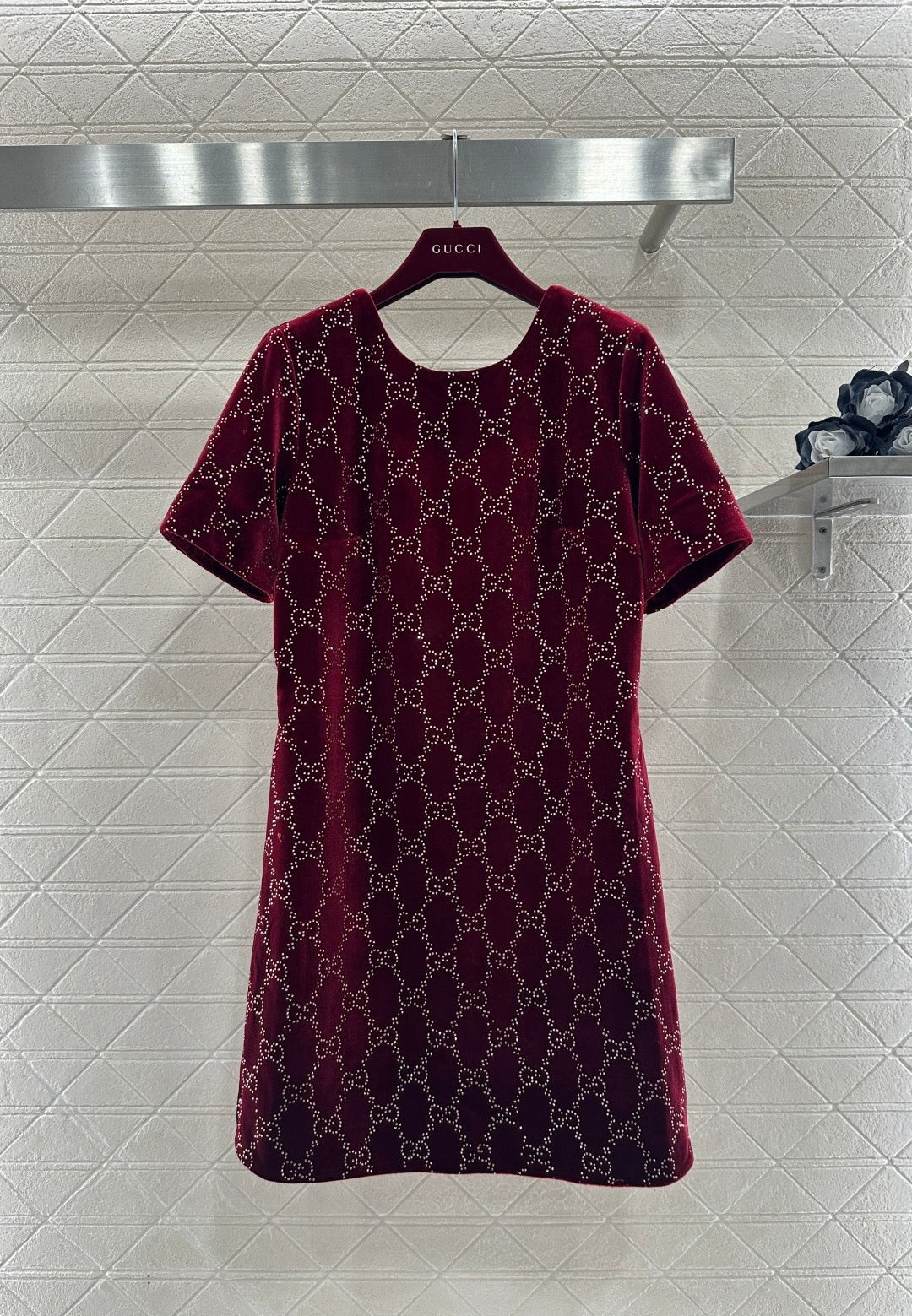 Red dress with rhinestone lettering