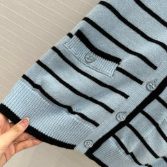 Blue striped V-neck long cardigan