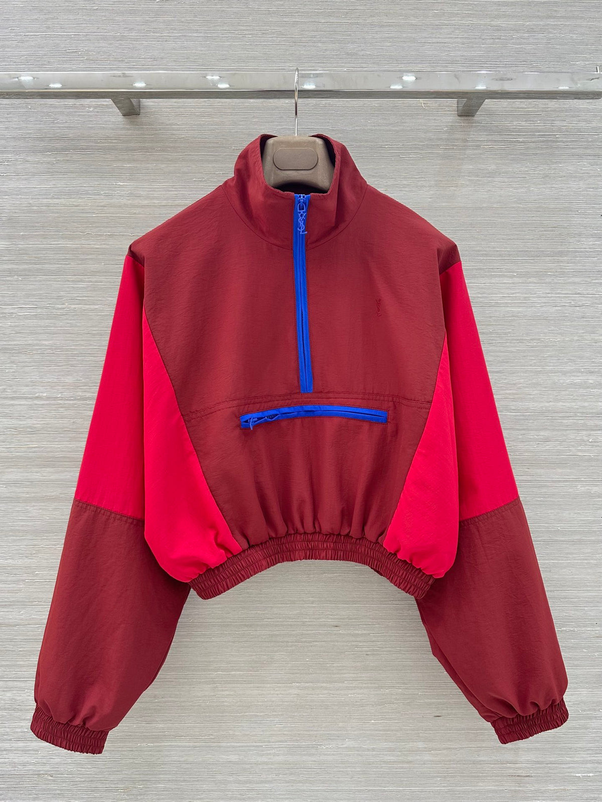 Burgundy Color-Blocked Half-Zip Stand Collar Windbreaker