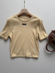Lace-trimmed round neck short-sleeved top