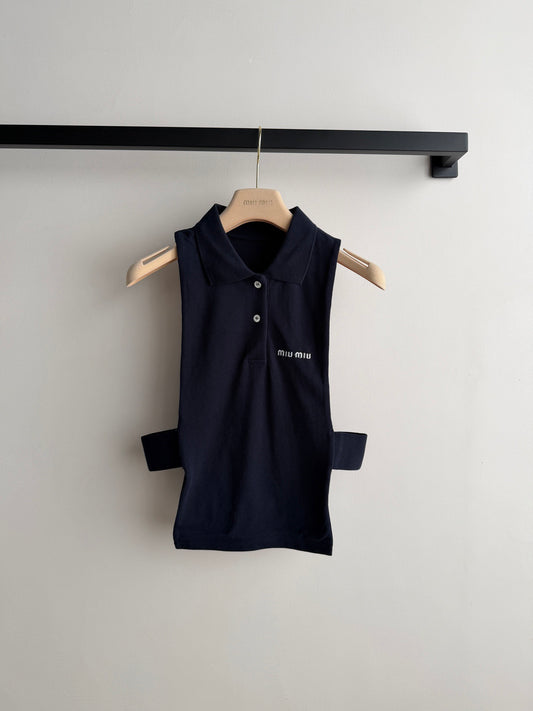 Navy Blue Crop Top with Sleeveless Polo Shirt