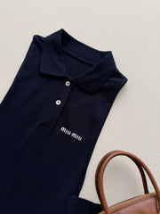 Navy Blue Crop Top with Sleeveless Polo Shirt