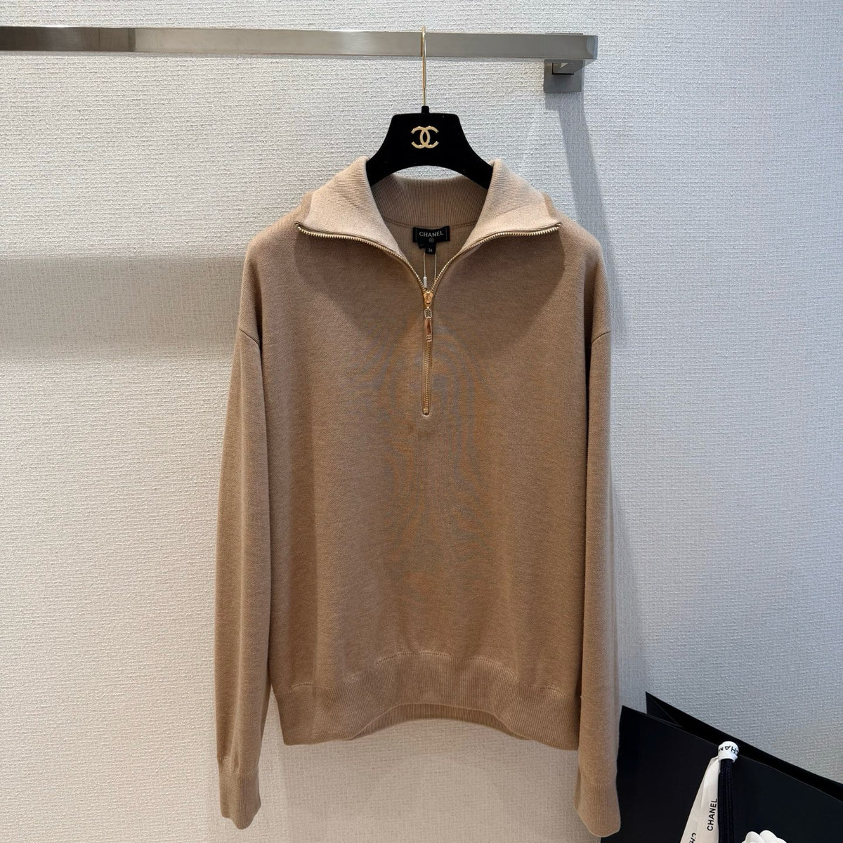 Beige Half-Zip Knit Top