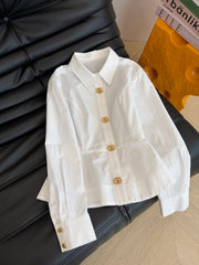 Waist-cinching shirt with large gold button accents
