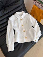 Waist-cinching shirt with large gold button accents