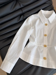 Waist-cinching shirt with large gold button accents