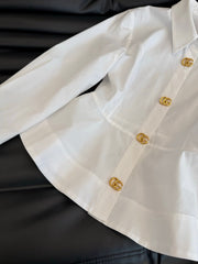 Waist-cinching shirt with large gold button accents