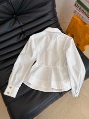 Waist-cinching shirt with large gold button accents