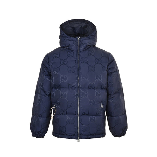 Dark pattern jacquard canvas hooded down jacket