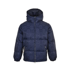 Dark pattern jacquard canvas hooded down jacket