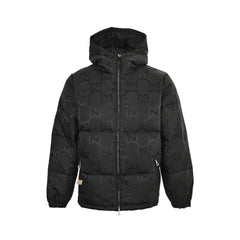 Dark pattern jacquard canvas hooded down jacket
