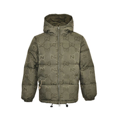 Dark pattern jacquard canvas hooded down jacket