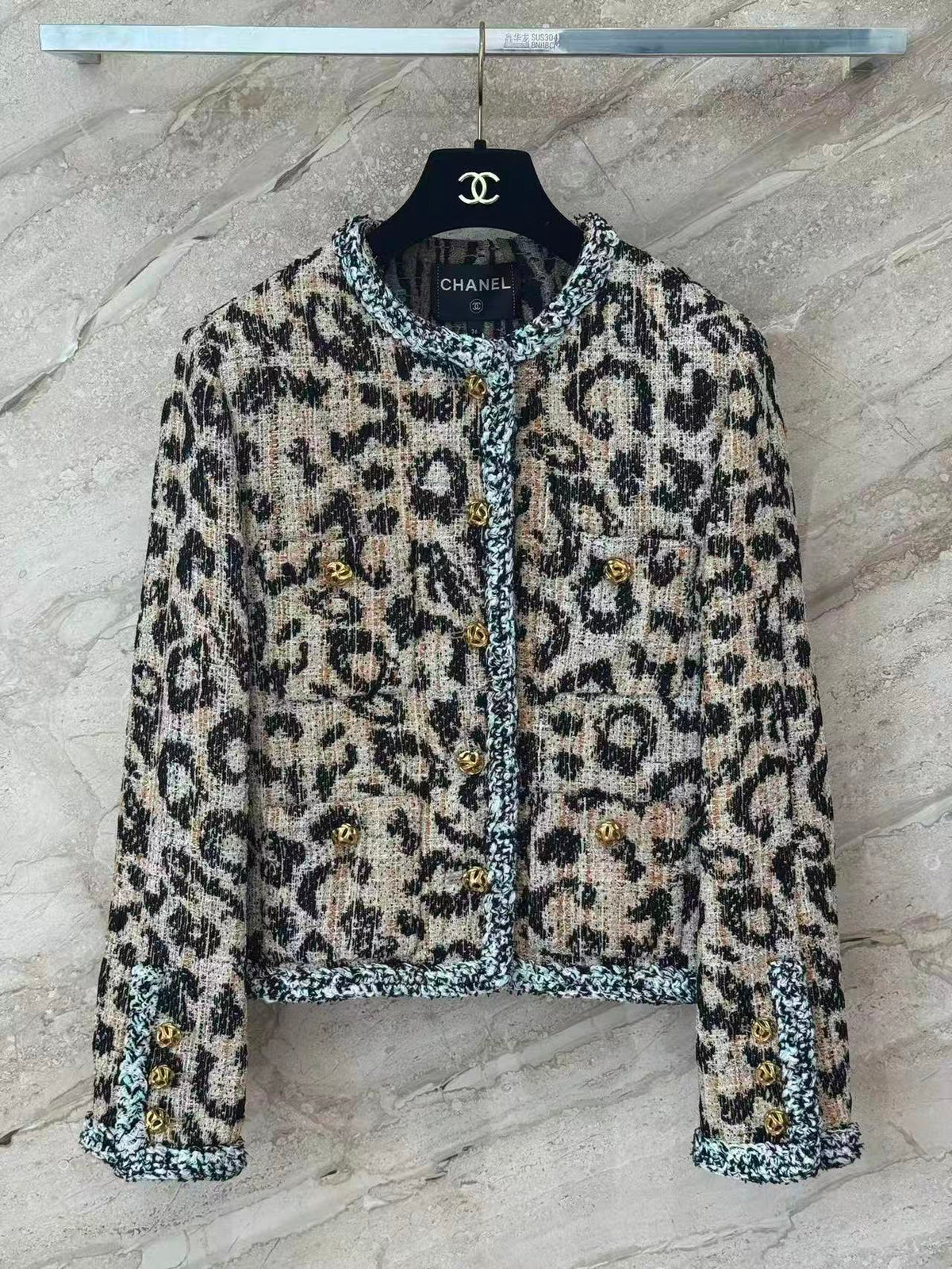 Leopard-Pattern Tweed Cropped Jacket